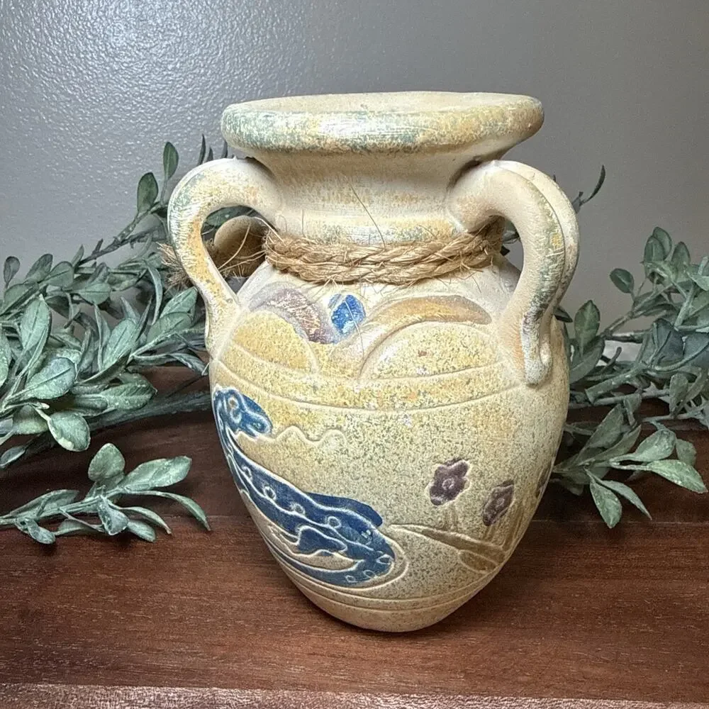 Vintage Art Pottery Gecko Vase Rustic Mediterranean Triple Handle Heavy 5.7”